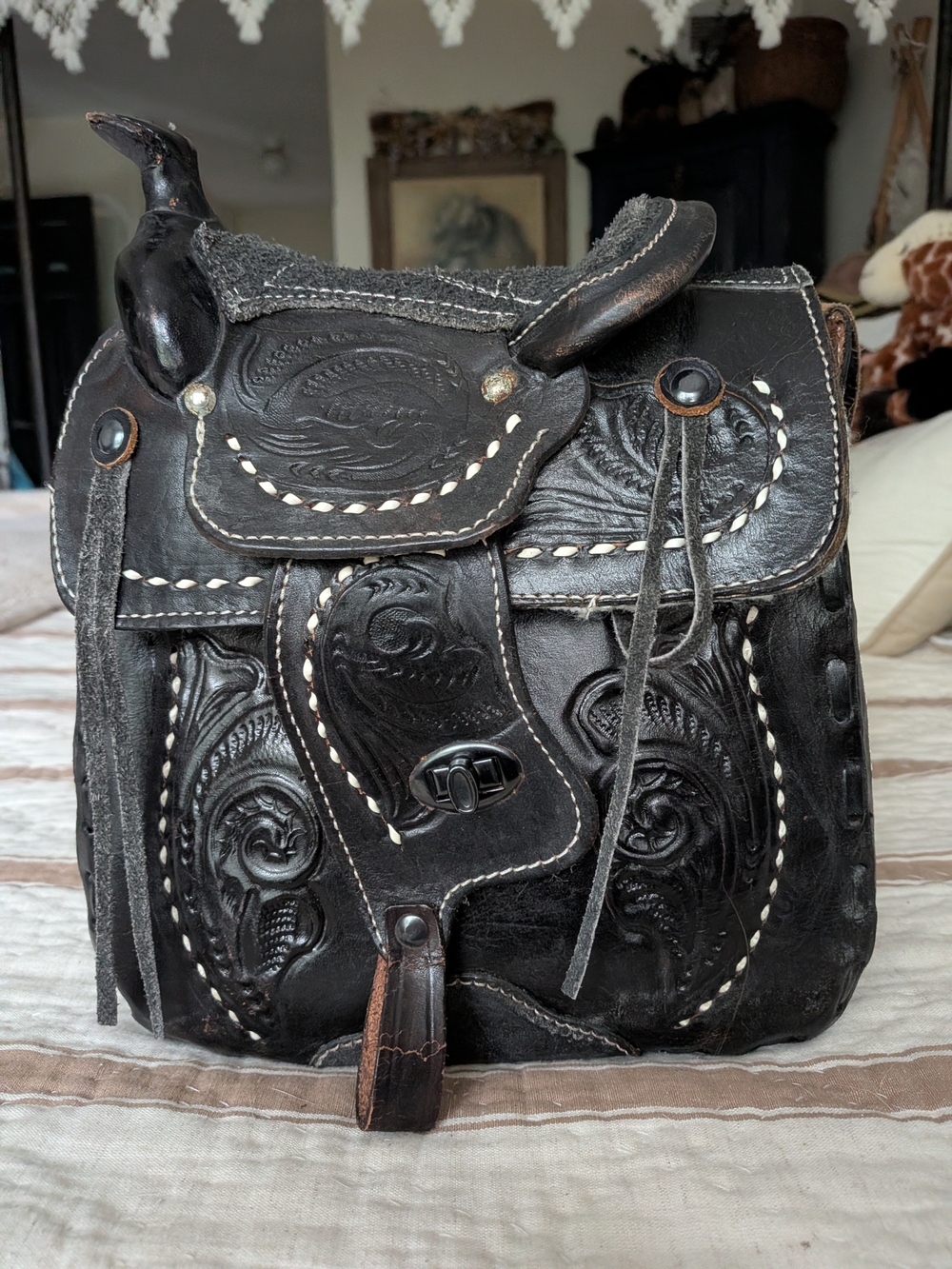 Tooled Black Leather Saddle-Style bag/pocketbook